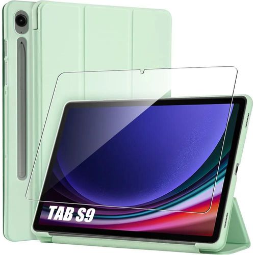 Coque + Verre Trempé Pour Samsung Galaxy Tab S9 (11 Pouces) Etui Housse Vert Antichoc Fonction Support Veille-Réveil - E.F.Connection