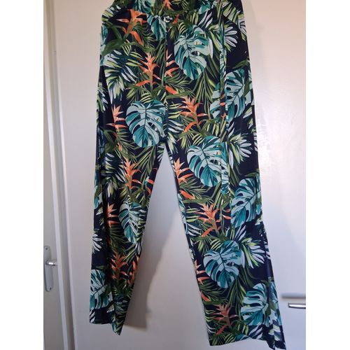 Pantalon Large Imprimé Feuille Vert Multicolore "T-S" Shein