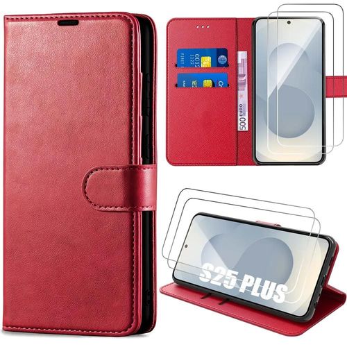 Coque + 2 Verres Trempés Pour Samsung Galaxy S25 Plus (S25+) Protection Rabat Antichoc Effet Cuir Rouge - E.F.Connection