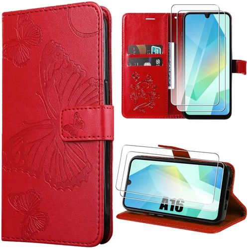 Coque Pour Samsung Galaxy A16 5g/4g, Protection Effet Cuir Rouge Papillons + 2 Verres Trempés - E.F.Connection