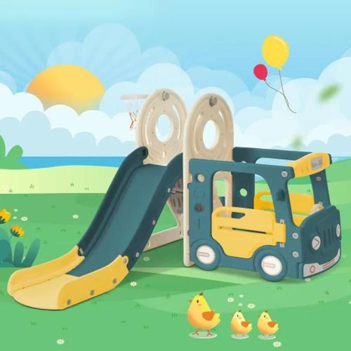 Ensemble De Toboggans Pour Enfants 4 En 1 Avec Autobus, Toboggan Et Échelle D'activités.Fabriqué En Polyéthylène Haute Densité