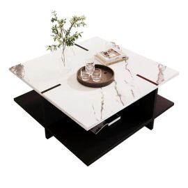 Table Basse Carrée, Design Moderne Et Minimaliste En Noir Et Blanc, Aspect Marbre Blanc