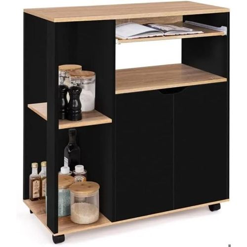 Meuble De Cuisine - Design Industriel - Desserte Rangement - Bois Noir - Multi-Usages - Roulettes