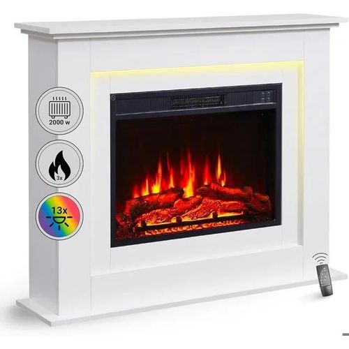 Cheminée Électrique - Blanc - Foyer 3D - 2000W - Télécommande - Éclairage LED 13 couleurs