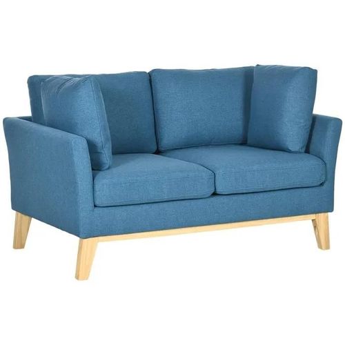 Canapé En Bois Massif - Tissu Imitaion Lin Bleu - Design Dcandinave - Pieds - Fauteuil Salon