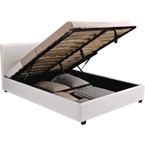 Lit Double En Simili Blanc 140x190cm Avec Coffre Rangements + Sommier À Lattes + Tête De Lit - Cadre De Lit Design