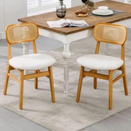 Lot De 2 Chaises En Bois Massif Et Rotin - Coussin Souple Beige - Modèle Confortable Rétro - Chaise De Salle À Manger Cuisine Salon