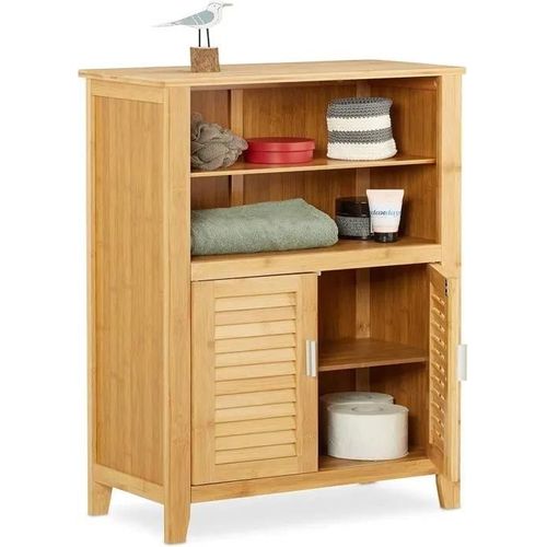 Armoire - Bambou - 2 Portes - Étagère Ajourée - Salle De Bain - 92 X 50 X 25 Cm