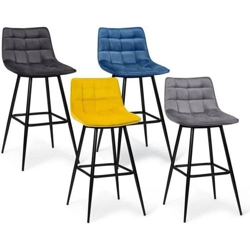 Lot De 4 Tabourets De Bar En Velours Bleu/Gris Clair/Gris Foncé/Jaune - Meuble Comptoir Salle À Manger