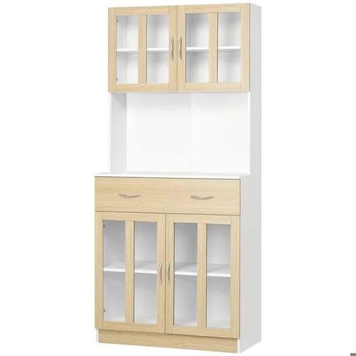 Meuble Haut Buffet Multi-Rangement Cuisine Bois 4 Portes + Tiroir Coulissant
