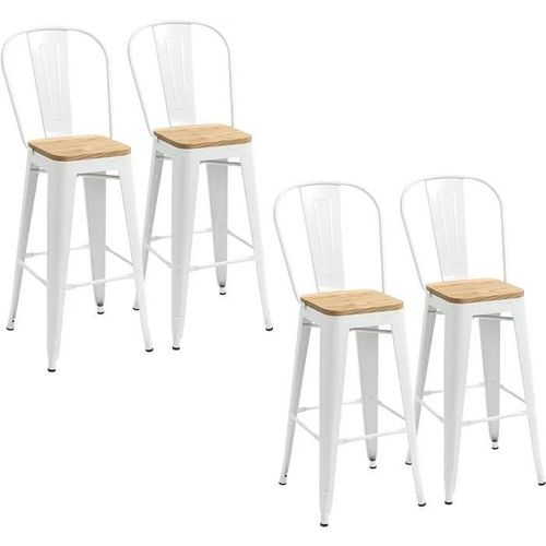 Lot De 4 Tabourets De Bar Chaise Haute Cuisine Industriel Avec Dossier Repose-Pied Hauteur Assise 76 Cm Métal Blanc