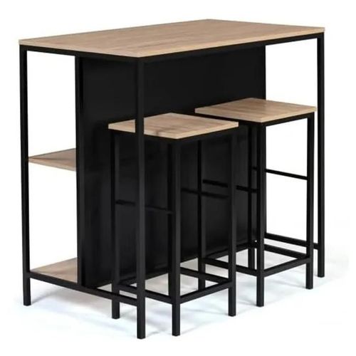 Ensemble Table De Bar Îlot + 2 Tabourets Design Industriel
