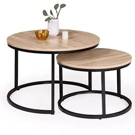 Lot De 2 Tables Basses Gigognes Rondes Design Industriel Marron Noir Salon Salle À Manger