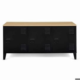 Buffet Industriel 3 Portes Métal Noir + Rangement + Plateau Bois 113 Cm Salon Esthétique Factory Épuré