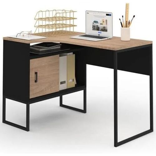 Bureau D'angle - Design Industriel - Bois Et Métal - Niche De Rangement - Porte Coulissante - 111x111 Cm