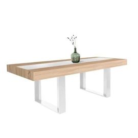 Table À Manger Extensible - Bois Et Blanc - 160-200 Cm - 4-8 Personnes - Design Loft - Gain De Place