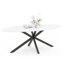 Table À Manger Ovale - Non Spécifié - 200 Cm - Effet Marbre - Pied Métal Noir - 10 Personnes