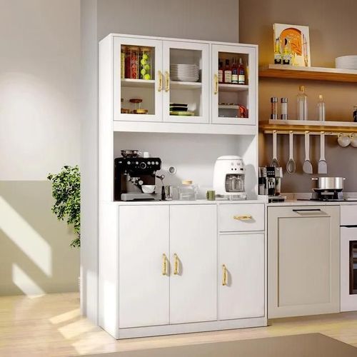 Buffet De Cuisine Blanc - Meuble Cuisine - Armoire - Vitrine Multi-Rangement - 3 Portes Verre - 4 Étagères - Salon Cuisine