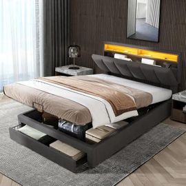 Lit Double Capitonné 140x200cm Lin Gris + Éclairage Led + Tête De Lit + Coffre Tiroirs Rangement + Sommier Lattes Bois Chambre