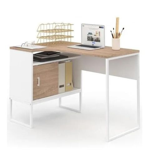 Bureau D'angle - Niche De Rangement - Blanc Et Hêtre - Design Industriel - 111x73x75 Cm - Montage Facile