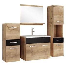 Ensemble Meubles De Salle De Bain Chêne Noir - 4 Pièces - Lavabo - Rangements Tiroirs Placards - Miroir