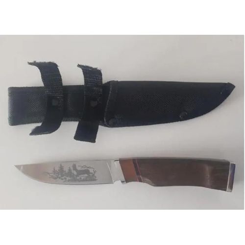 Couteau Droit Gravé Animaux Chevreuil + Etui Manche En Bois Camping Chasse