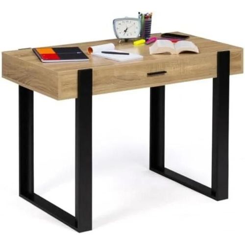 Bureau - Design Industriel - Noir Et Bois - 1 Tiroir - Espace De Travail - Montage Facile