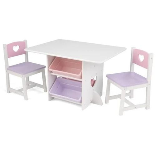 Ensemble Table + 2 Chaises En Bois + 4 Bacs De Rangement Chambre Enfant Fille