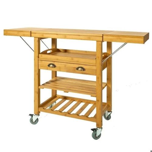 Chariot Roulant Desserte Bambou + Plan De Travail Pliant + Tiroir Cuisine
