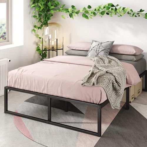 Lit Sommier Métallique Noir 36cm + Support Latte Design Moderne Chambre Lit Mixte Robuste Et Élégant 140 X 190 Cm Espace Rangement
