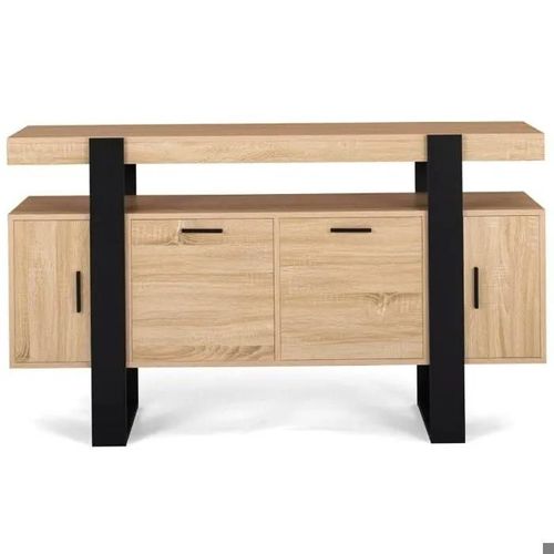Buffet Rangement 4 Portes Bois Et Noir 140 Cm Mobilier Salon Style Contemporain Meuble Moderne