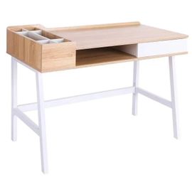 Bureau Informatique Multi-Rangement Blanc + Bois 100 Cm Chambre Bureau