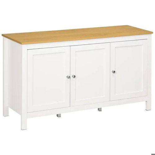 Buffet Meuble Rangement Blanc + Plateau Bois 3 Portes 2 Étagères Réglables Cuisine Salle À Manger Salon