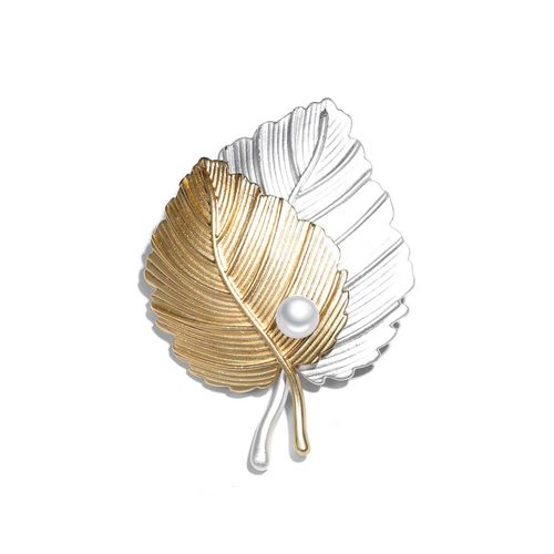 Broche Feuille Bicolore Or Mat Et Argent Avec Perle