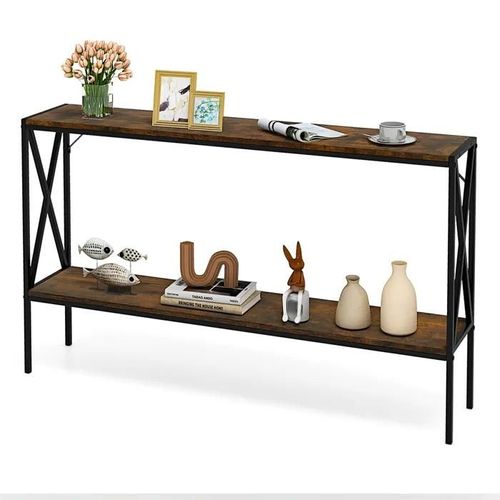 Costway Table Console Étroit À 2 Niveaux, Style Industrielle, Cadre En Métal Pour Couloir, Salon, Foyer, Marron Rustique