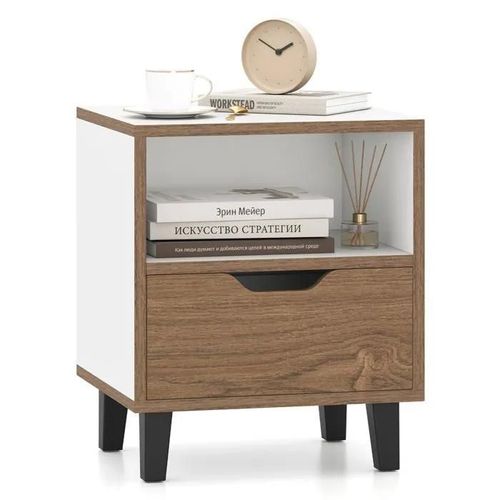Costway Table De Chevet Avec Tiroir, Compartiment Ouvert, Pieds Métalliques, Chevet De Lit Pour Chambre, Salon, Bureau