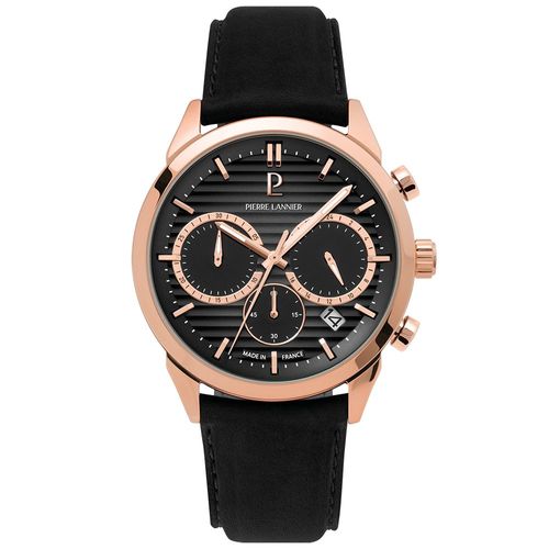 Montre Homme Monarck Doré-Rose Cadran Gris Bracelet Cuir Noir 22 Mm