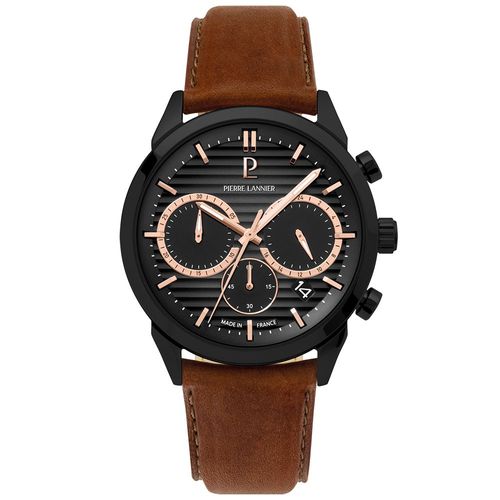 Montre Homme Monarck Noir Cadran Gris Bracelet Cuir Brun 22 Mm