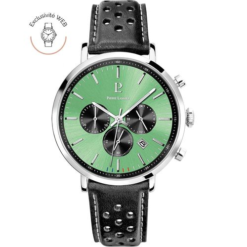 Montre Homme Baron Argenté Cadran Vert Bracelet Cuir Perforé Noir 20 Mm
