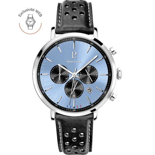 Montre Homme Baron Argenté Cadran Bleu Bracelet Cuir Perforé Noir 20 Mm