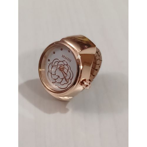 Bague Montre Métal Rosé , Cadrant Rond,Fond Blanc,Motif Fleur