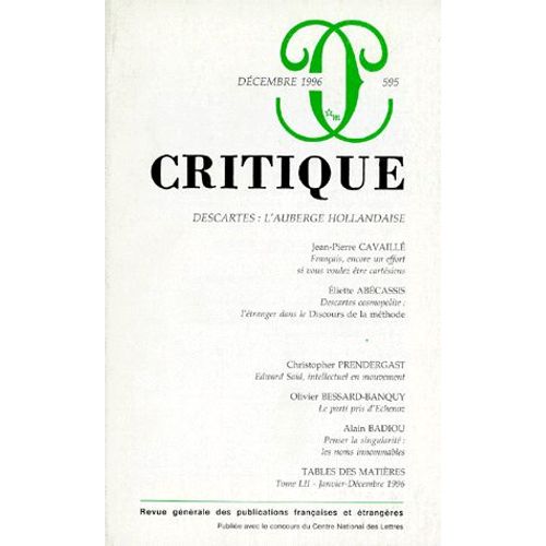 Critique N° 595, Décembre 1996 - Descartes : L'auberge Hollandaise