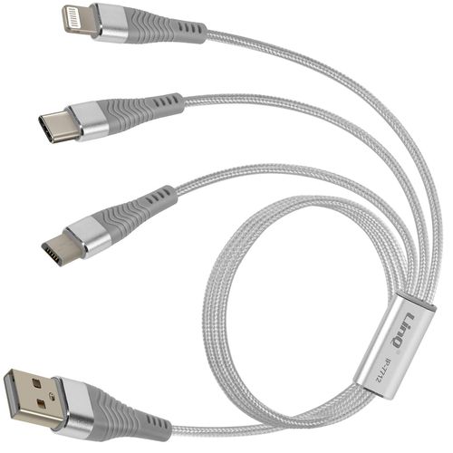Câble 3 en 1 vers USB-C MicroUSB et Lightning 70 cm Nylon tressé, Argent