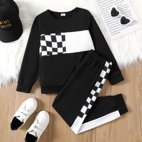 2pcs Enfant Garçon Plaid Colorblock Pull Sweat Et Pantalon Élastique Ensemble