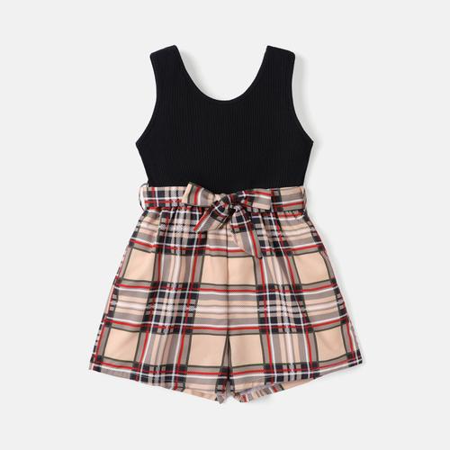 2 Pièces Enfant Fille Plaid Épissure Sans Manches Barboteuses Et Ceinture