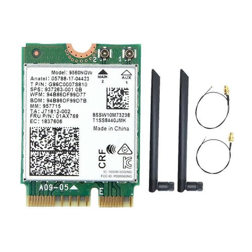 Carte WiFi 9560NGW + 2XAntenna 1730Mbps Sans Fil AC 9560 2.4G + 5G BT 5.0 802.11Ac M.2 CNVI 9560NGW Adaptateur sans fil