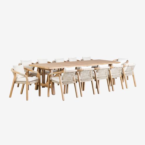 Ensemble De Table Rectangulaire (300x100 Cm) Et 12 Chaises De Salle À Manger En Bois D'acacia Dubaï Blanc Gardenia