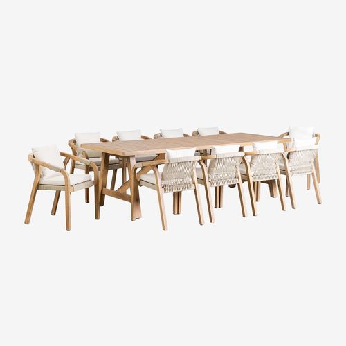 Set De Table Rectangulaire (260x100 Cm) Et 10 Chaises De Salle À Manger En Bois D'acacia Dubai Blanc Gardenia