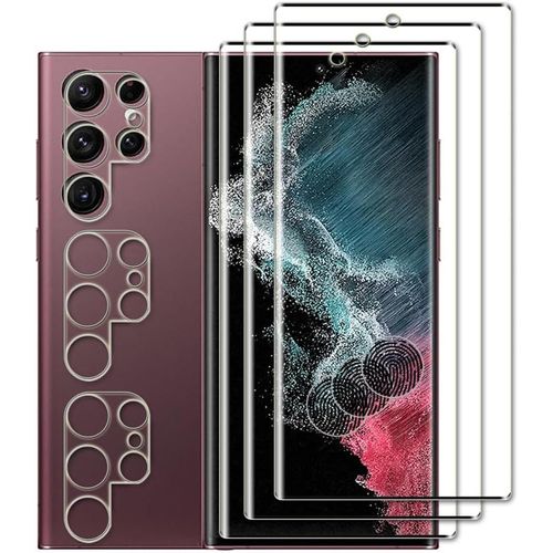3 Verres Trempés + Protections Caméra Samsung Galaxy S22 Ultra - Dureté 9h Transparence Hd 0.3mm Installation Facile Anti-Rayures