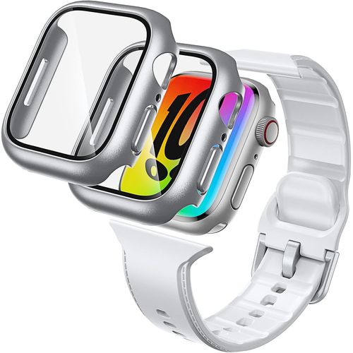 Bracelet Et Coque 3 En 1 Pour Apple Watch Series 7 41mm - Silicone Respirant Étanche, Protection Anti-Choc Verre Trempé 9h - Blanc